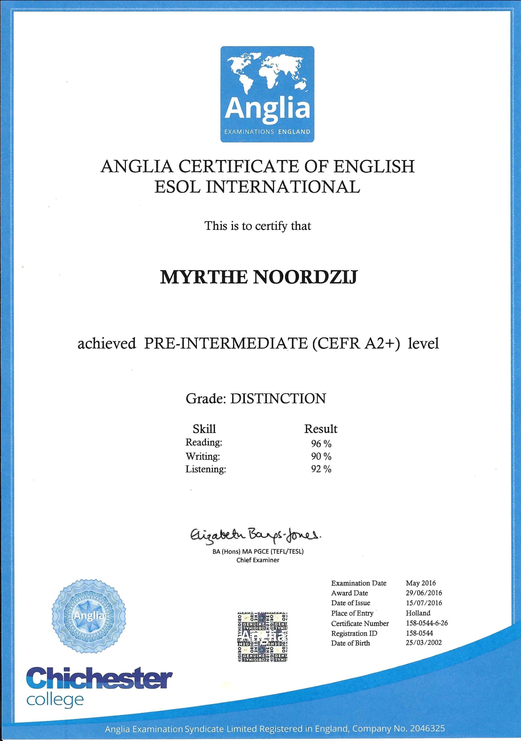 Anglia Certificate of English Pre-Intermediate (A2+) - Anglia Examinations