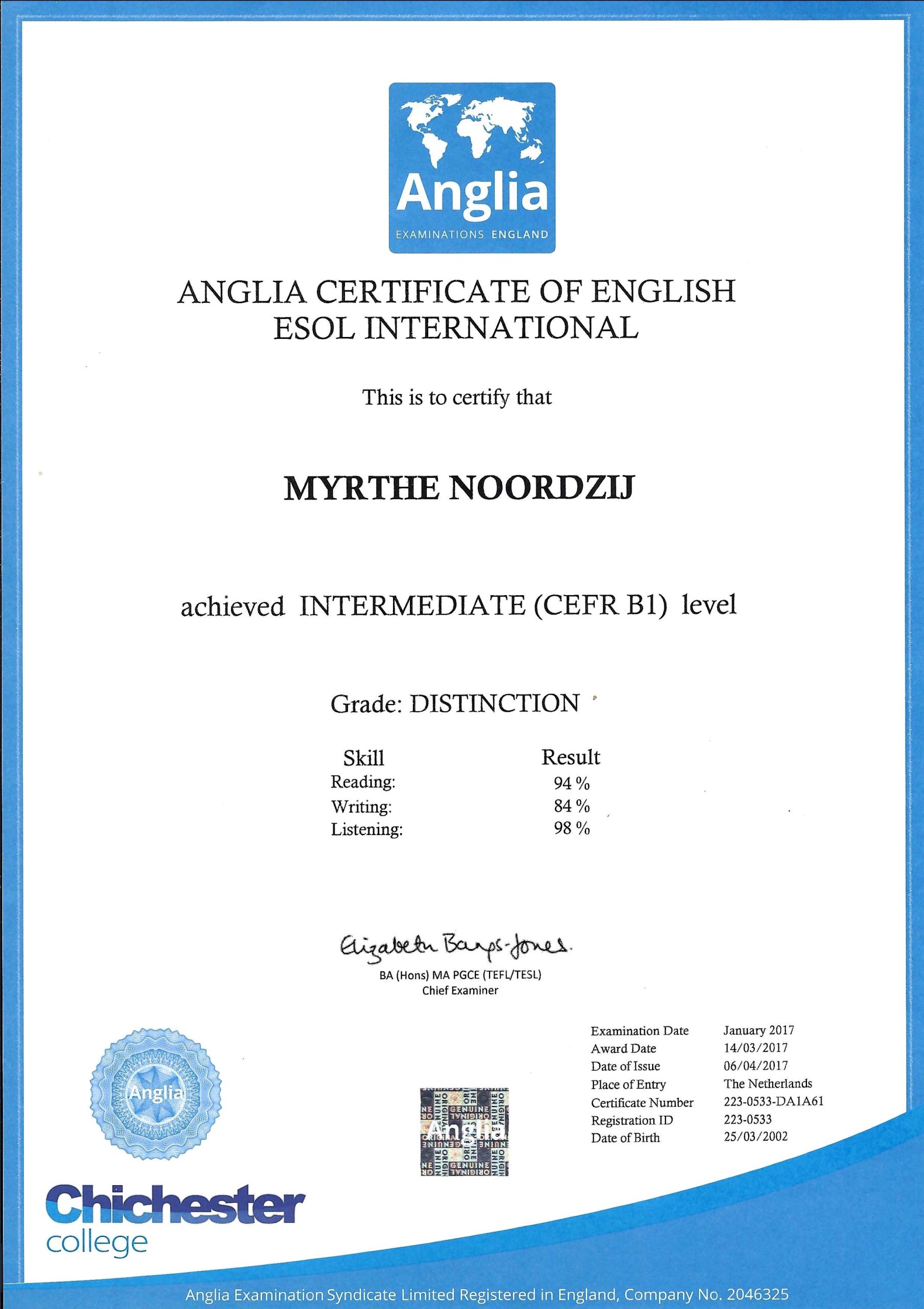 Anglia Certificate of English Intermediate (B1) - Anglia Examinations