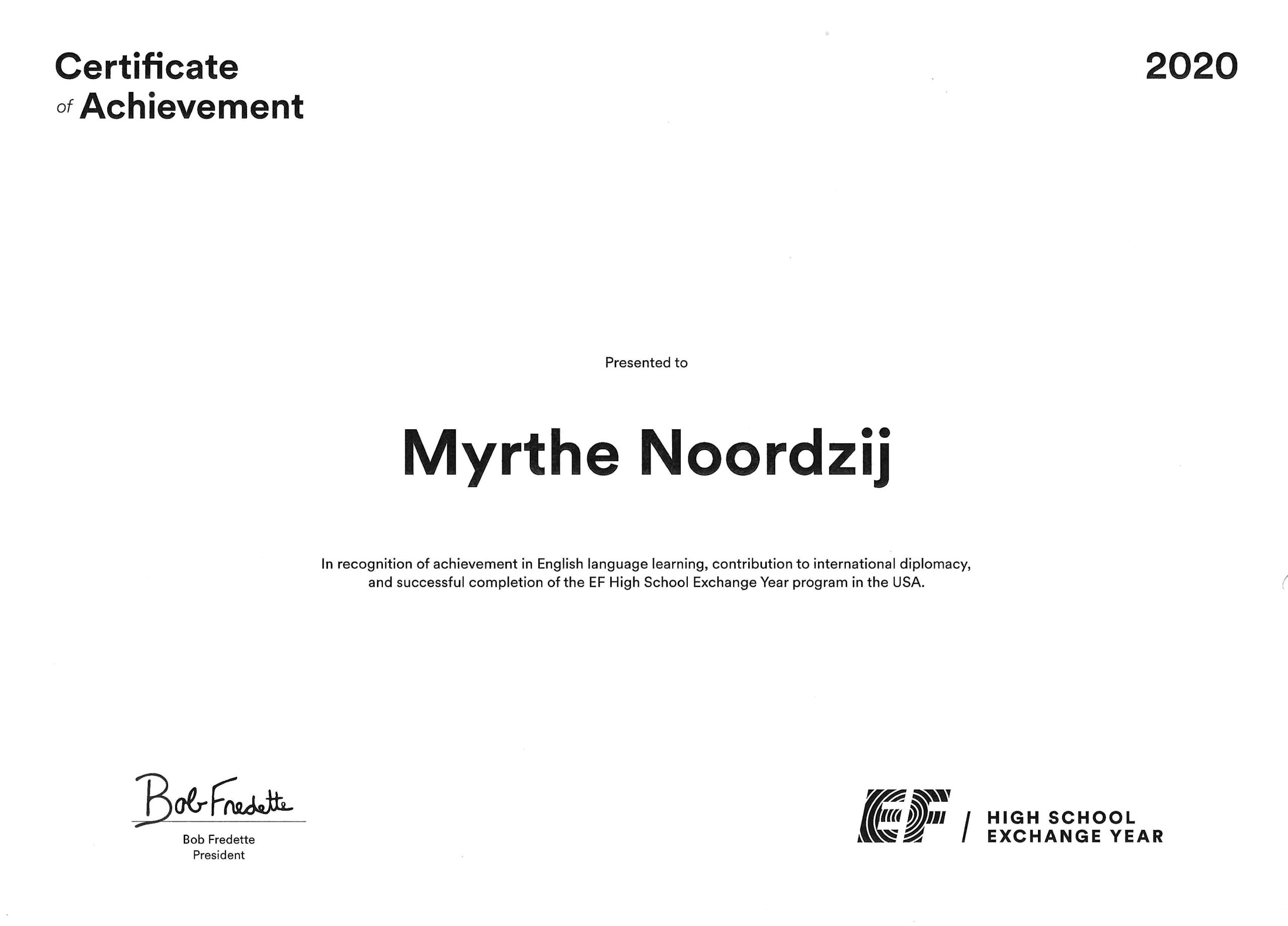 Certificate of Achievement - EF High School Exchange Year